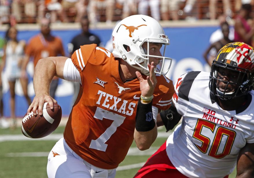 FILE - In this Sept. 2, 2017, file photo, Texas quarterback Shane Buechele (7) runs the ball against Maryland linebacker Mbi Tanyi (50) during the first half of an NCAA college football game in Austin, Texas. Buechele has not thrown in practice this week because of a bruised shoulder and coach Tom Herman said his status for the game against San Jose State will be a game-day decision. (AP Photo/Michael Thomas, File)