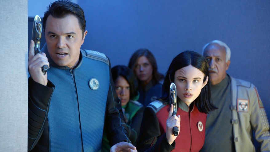 Seth MacFarlane (left), Penny Johnson Jerald, Adrianne Palicki, Halston Sage and guest star Brian George appear in an episode of &quot;The Orville.&quot; (Associated Press) ** FILE **