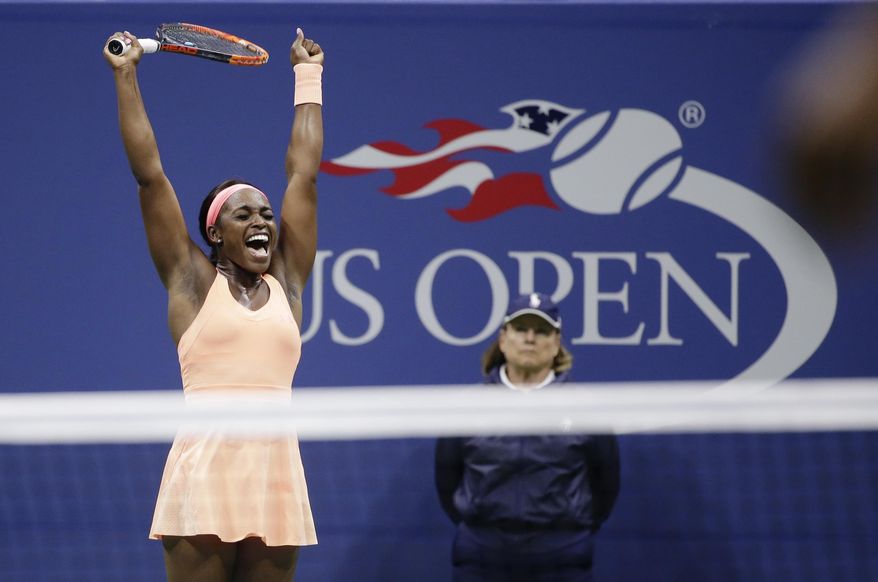 Sloane Stephens, of the United States, reacts after defeating Venus Williams, of the United States, during the semifinals of the U.S. Open tennis tournament, Thursday, Sept. 7, 2017, in New York. (AP Photo/Seth Wenig)