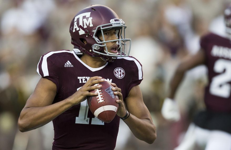 Texas A&M quarterback Kellen Mond (11) looks to pass against Nicholls State during the first quarter of an NCAA college football game Saturday, Sept. 9, 2017, in College Station, Texas. (AP Photo/Sam Craft)