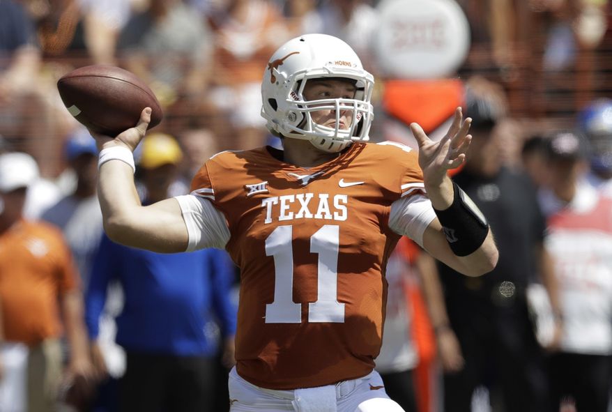 Texas quarterback Sam Ehlinger (11) throws against San Jose State during the first half of an NCAA college football game, Saturday, Sept. 9, 2017, in Austin, Texas. (AP Photo/Eric Gay)