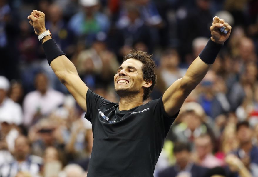 Rafael Nadal, of Spain, reacts after beating Kevin Anderson, of South Africa, to win the men's singles final of the U.S. Open tennis tournament, Sunday, Sept. 10, 2017, in New York. (AP Photo/Julio Cortez)