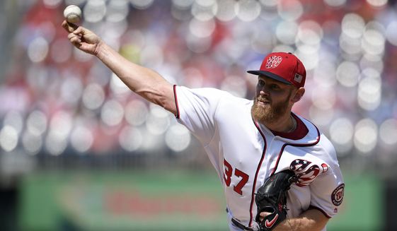 Washington Nationals starting pitcher Stephen Strasburg delivers during the second inning of a baseball game against the Philadelphia Phillies, Sunday, Sept. 10, 2017, in Washington. (AP Photo/Nick Wass)