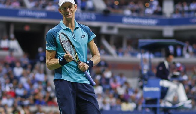 Kevin Anderson, of South Africa, reacts after giving up a point to Rafael Nadal, of Spain, during the men's singles final of the U.S. Open tennis tournament, Sunday, Sept. 10, 2017, in New York. (AP Photo/Andres Kudacki)