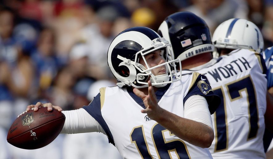 Los Angeles Rams quarterback Jared Goff (16) throws the ball against the Indianapolis Colts during the second half of an NFL football game Sunday, Sept. 10, 2017, in Los Angeles. (AP Photo/Alex Gallardo) **FILE**