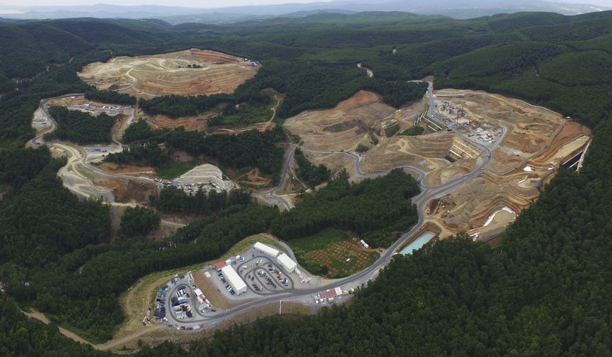 In this undated photo provided on Monday, Sept. 11, 2017 by Hellas Gold company, an aerial view of a gold mine complex in Skouries, in the Halkidiki peninsula, northern Greece. Canadian mining company Eldorado Gold on Monday threatened to suspend a major investment in Greece in ten days, accusing the government of delaying permits and licenses. (Hellas Gold via AP)