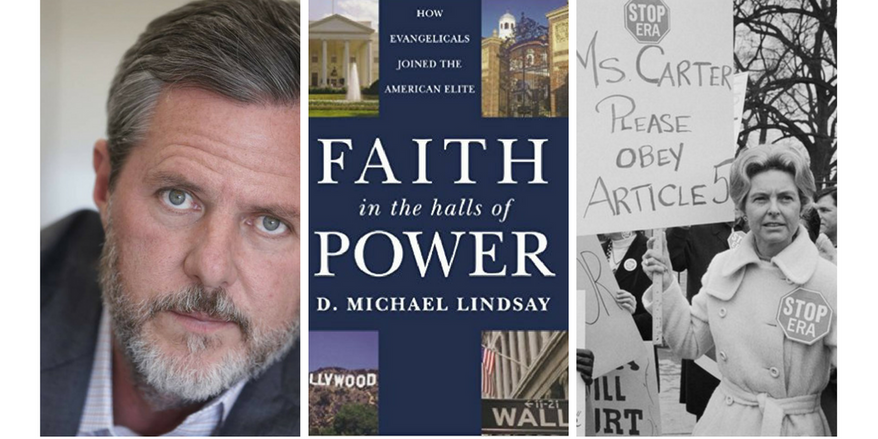 (From left to right): Jerry Falwell, Jr.; cover of "Faith in the Halls of Power," by Michael Lindsay; Phyllis Schlafly. Image by Scott Lamb