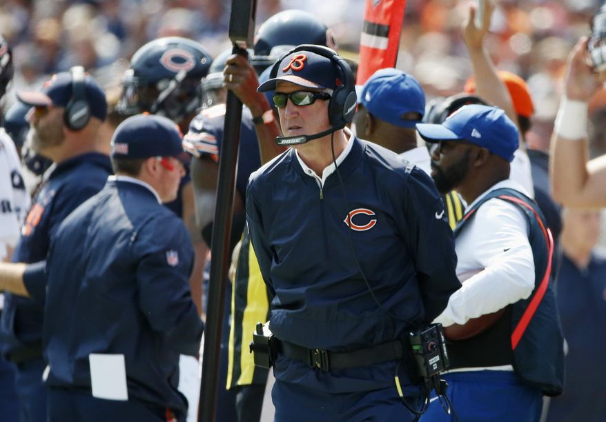 Chicago Bears head coach John Fox watches during the first half of an NFL football game against the Atlanta Falcons, Sunday, Sept. 10, 2017, in Chicago. (AP Photo/Nam Y. Huh)