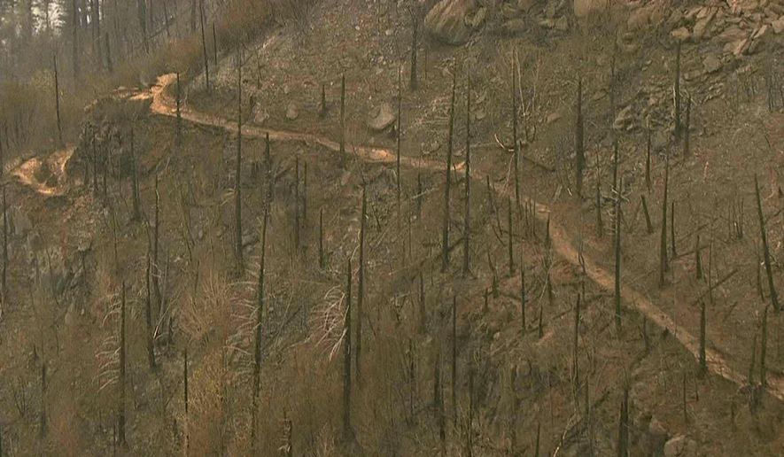 FILE - This Sept. 7, 2017 file image taken from video provided by KGW-TV shows fire damage to the area surrounding the Angel's Rest trail in the Columbia River Gorge near Cascade Locks, Ore. Authorities say trails affected by the wildfire in the Columbia River Gorge will likely be off-limits until spring because of landslide risk and fire damage. (KGW-TV via AP, file)
