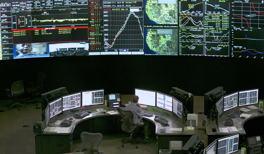 FILE - In this Aug. 18, 2017, file photo, electrical power flow and conditions are monitored at the California Independent System Operator grid control center in Folsom, Calif. Other Western states would share oversight of California's power grid under a plan introduced by a state lawmaker that supporters say would save as much as $1.5 billion a year and run the system more efficiently. (AP Photo/Rich Pedroncelli, File)