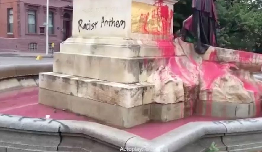 The Francis Scott Key memorial in Baltimore is covered with paint. (Screen grab from ABC News 2/WMAR)
