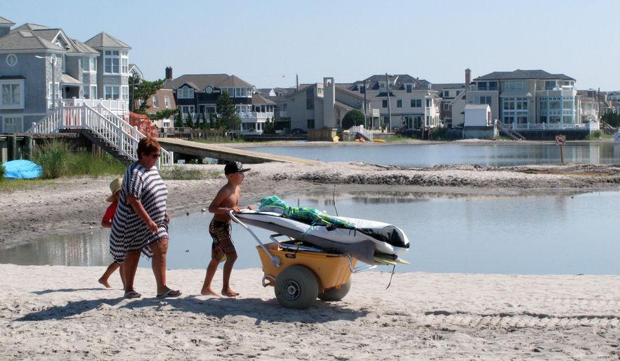 In this Aug. 1, 2017 photo, beachgoers stroll past huge ponds of standing water on the beach in Margate, N.J., which formed after the U.S. Army Corps of Engineers built protective sand dunes on the beach. On Tuesday, Sept. 12, 2017, the Army Corps, state and local governments agreed on a plan for the feds to build and pay for an underground drainage system to prevent similar flooding from happening again on the beach. (AP Photo/Wayne Parry)