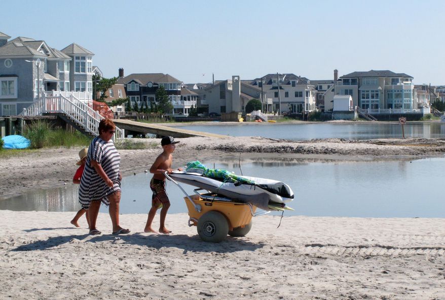 In this Aug. 1, 2017 photo, beachgoers stroll past huge ponds of standing water on the beach in Margate, N.J., which formed after the U.S. Army Corps of Engineers built protective sand dunes on the beach. On Tuesday, Sept. 12, 2017, the Army Corps, state and local governments agreed on a plan for the feds to build and pay for an underground drainage system to prevent similar flooding from happening again on the beach. (AP Photo/Wayne Parry)