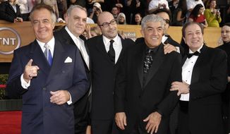 In this Jan. 28, 2007 file photo, Tony Sirico, left, Vincent Curatola, second from left, John Ventimiglia, center, Frank Vincent, third from right, Robert Funaro, second from right, and Dan Grimaldi, from television&#39;s &amp;quot;The Sopranos,&amp;quot; arrive at the 13th Annual Screen Actors Guild Awards in Los Angeles. Vincent, a veteran character actor who often played tough guys including mob boss Phil Leotardo on &amp;quot;The Sopranos,&amp;quot; has died. He was 80. (AP Photo/Chris Pizzello, File)