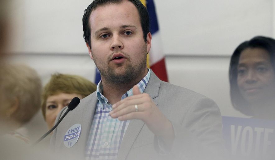 FILE - In this Aug. 29, 2014, file photo, reality TV personality Josh Duggar speaks in favor of the Pain-Capable Unborn Child Protection Act at the Arkansas state Capitol in Little Rock, Ark. Duggar announced the birth of a baby boy on Sept. 12, 2017, a day after a judge halted his lawsuit over the release of information related to allegations that he fondled his sisters as a child. (AP Photo/Danny Johnston, File)