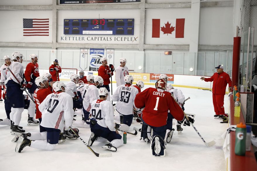 Washington Capitals head coach Barry Trotz, right, directs his team on the next drill during practice at their NHL hockey practice facility, Friday, Sept. 15, 2017 in Arlington, Va. (AP Photo/Alex Brandon) **FILE**