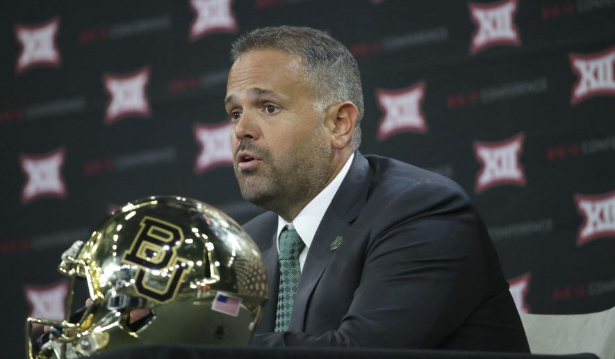 FILE - In this Tuesday, July 18, 2017 file photo, Baylor head football coach Matt Rhule speaks during the Big 12 NCAA college football media day in Frisco, Texas. Duke knows the danger of assuming an easy victory against an opponent with a poor record and some befuddling losses in other words, a team like Baylor. Not long ago, the Blue Devils were the ones being looked past. Duke plays host to the Bears on Saturday, Sept. 16, 2017 hoping to earn its first 3-0 start since 2014. (AP Photo/LM Otero, File)