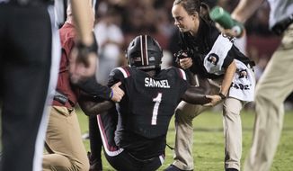 South Carolina wide receiver Deebo Samuel (1) is helped by trainers after an injury during the second half of an NCAA college football game against South Carolina on Saturday, Sept. 16, 2017, in Columbia, S.C. (AP Photo/Sean Rayford)