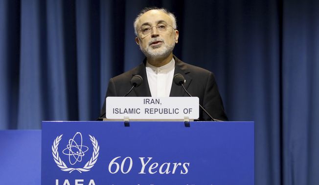 Head of Iran&#x27;s Atomic Energy Organization Ali Akbar Salehi delivers a speech during the general conference of the International Atomic Energy Agency, IAEA, in Vienna, Austria, Monday, Sept. 18, 2017. (AP Photo/Ronald Zak) ** FILE **