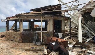 This Sept. 14, 2017 photo provided by Guillermo Houwer on Saturday, Sept. 16, shows storm damage to the Biras Creek Resort in the aftermath of Hurricane Irma on Virgin Gorda in the British Virgin Islands. (Guillermo Houwer via AP)