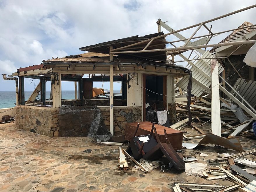 This Sept. 14, 2017 photo provided by Guillermo Houwer on Saturday, Sept. 16, shows storm damage to the Biras Creek Resort in the aftermath of Hurricane Irma on Virgin Gorda in the British Virgin Islands. (Guillermo Houwer via AP)