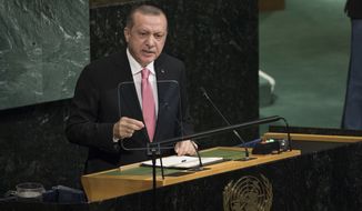 Turkish President Recep Tayyip Erdogan speaks during the United Nations General Assembly at U.N. headquarters, Tuesday, Sept. 19, 2017. (AP Photo/Mary Altaffer)