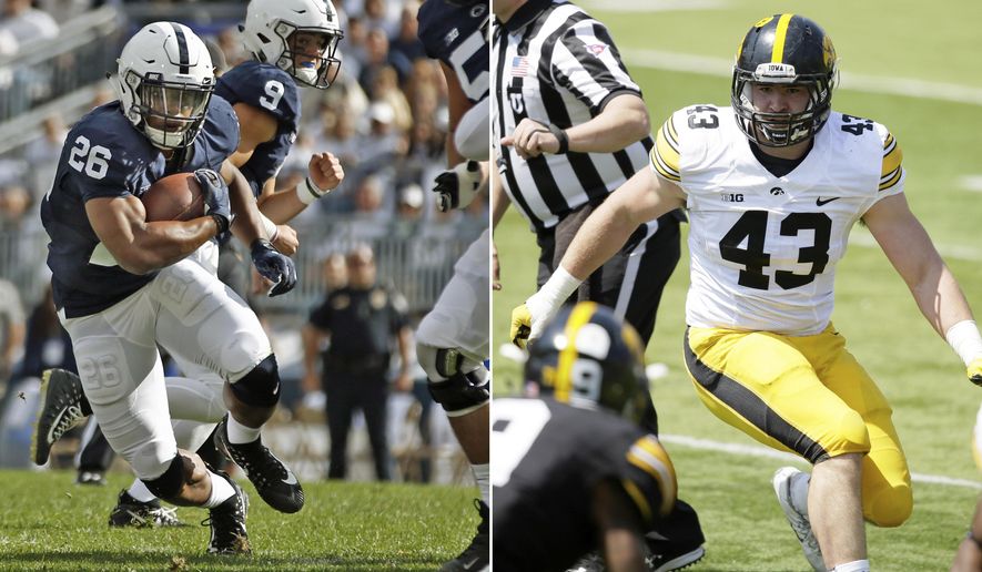 FILE - At left, in a Sept. 9, 2017, file photo, Penn State's Saquon Barkley (26) finds a hole in the Pittsburgh defense during the first half of an NCAA college football game in State College, Pa. At right, in an April 23, 2016, file photo, Iowa linebacker Josey Jewell looking to make a tackle during the team's NCAA college football spring game in Iowa City, Iowa. Barkley’s Heisman campaign is off to a nice start. The preseason All-American ranks fourth in the nation in yards from scrimmage at 182.7 per game with five touchdowns. Jewell is also a preseason All-American and the Hawkeyes’ leading tackler. The two are likely to collide frequently in Saturday night as No. 4 Penn State visits Iowa City. (AP Photo/File)