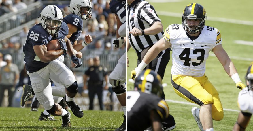 FILE - At left, in a Sept. 9, 2017, file photo, Penn State's Saquon Barkley (26) finds a hole in the Pittsburgh defense during the first half of an NCAA college football game in State College, Pa. At right, in an April 23, 2016, file photo, Iowa linebacker Josey Jewell looking to make a tackle during the team's NCAA college football spring game in Iowa City, Iowa. Barkley’s Heisman campaign is off to a nice start. The preseason All-American ranks fourth in the nation in yards from scrimmage at 182.7 per game with five touchdowns. Jewell is also a preseason All-American and the Hawkeyes’ leading tackler. The two are likely to collide frequently in Saturday night as No. 4 Penn State visits Iowa City. (AP Photo/File)