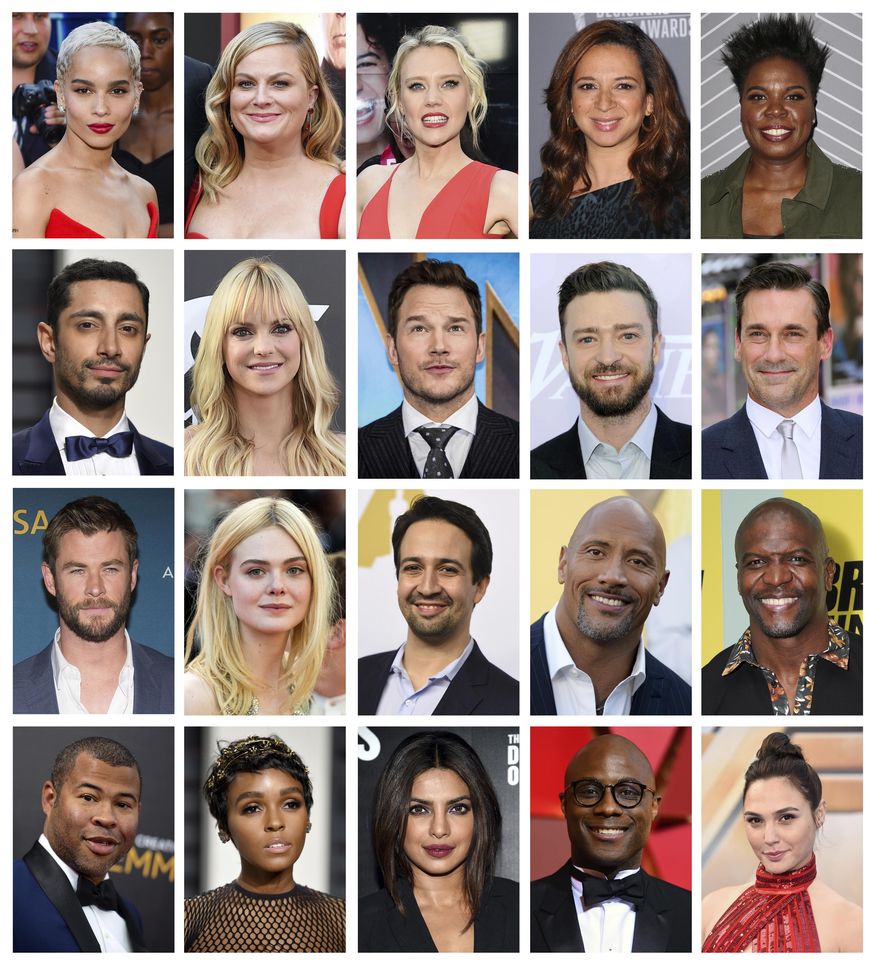 This combination photo shows, top row from left, Zoe Kravitz, Amy Poehler, Kate McKinnon, Maya Rudolph and Leslie Jones, second row from left, Riz Ahmed, Anna Faris, Chris Pratt, Justin Timberlake and Jon Hamm, from third row from left, Chris Hemsworth, Elle Fanning, Lin-Manuel Miranda, Dwayne Johnson and Terry Crews, and bottom rom from left, Jordan Peele, Janelle Monae, Priyanka Chopra, Barry Jenkins and Gal Gadot, some of the newest members of the Academy of Motion Picture Arts and Sciences. (AP Photo/File)