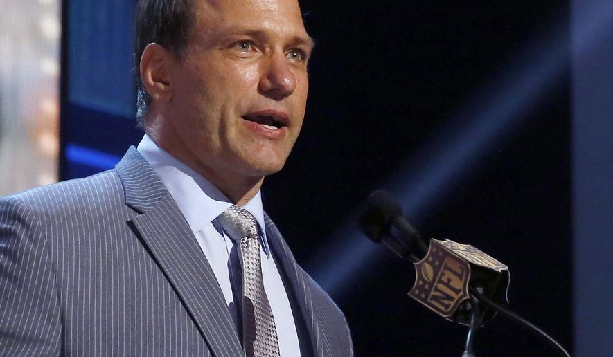 FILE - In this May 1, 2015, file photo, Chris Spielman speaks at the 2015 NFL Football Draft in Chicago. Ohio State asked a judge on Monday, Sept. 18, 2017, to throw out a lawsuit filed against it by the former All-American and All-Pro linebacker earlier in the summer. The class-action antitrust lawsuit alleges the university used athletes&#x27; photos without permission and compensation, and is asking the marketing programs be stopped and the ex-athletes be compensated. The university argued it is not a matter for the federal courts, and that Spielman hasn&#x27;t met the legal burden required in antitrust lawsuits. (AP Photo/Charles Rex Arbogast, File)