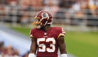 Washington Redskins linebacker Zach Brown (53) in action during the first half of an NFL football game against the Los Angeles Rams Sunday, Sept. 17, 2017, in Los Angeles. (AP Photo/Kelvin Kuo) **FILE**