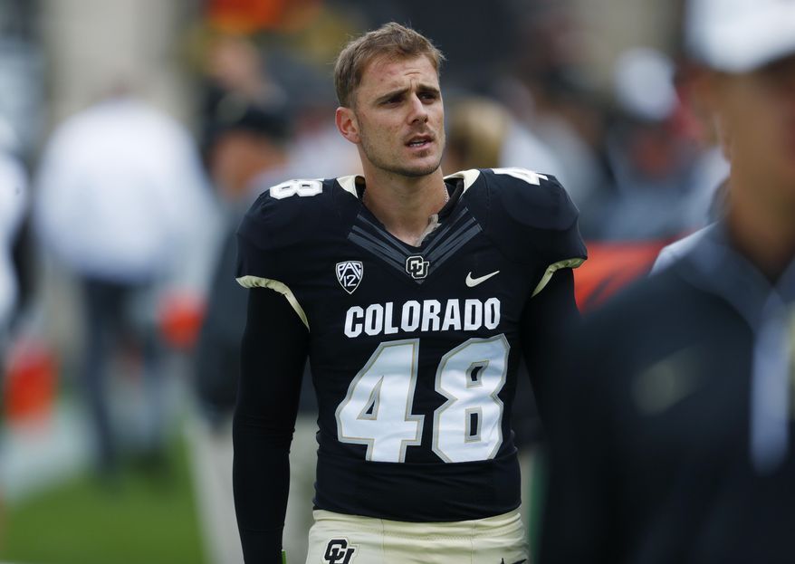 FILE - In this Saturday, Sept. 16, 2017, file photo, Colorado place kicker James Stefanou walks the sidelines in the first half of an NCAA college football against Northern Colorado in Boulder, Colo. (AP Photo/David Zalubowski, File)
