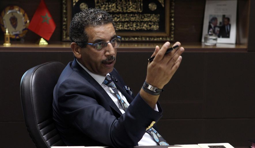 The director of the Central Bureau of Judicial Investigations Abdelhak Khiame gestures during an interview with The Associated Press at his headquarters in Sale near Rabat, Morocco, Tuesday, Sept. 19, 2017. Khiame says his government is working on a new strategy to track Moroccans who radicalize in Europe, as part of beefed-up counterterrorism efforts by a country that is both a key player in the global anti-extremism struggle and a source of international jihadis. (AP Photo/Abdeljalil Bounhar)