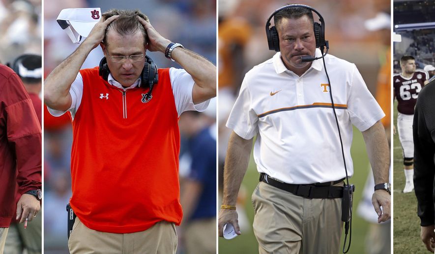FILE - These are file photos showing NCAA college football coaches, from left, Arkansas head coach Bret Bielema, Auburn head coach Gus Malzahn, Tennessee head coach Butch Jones and Texas A&amp;amp;M coach Kevin Sumlin. The Southeastern Conference coaches who entered the season with questions about their job security haven&#39;t done much to quiet them. In fact, the heat from fans has intensified. (AP Photo/File)