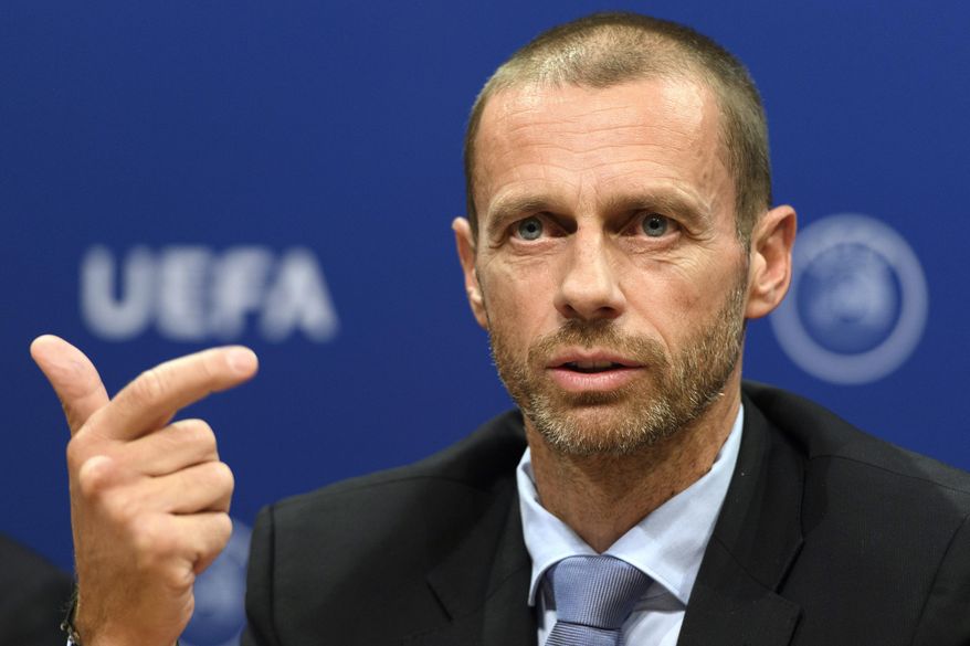 UEFA president Aleksander Ceferin speaks during the press conference after the meeting of the UEFA Executive Committee at the UEFA headquarters, in Nyon, Switzerland, Wednesday, Sept. 20, 2017. (Laurent Gillieron/Keystone via AP)