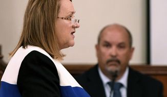 State prosecutor Jennifer Nicols questions U.S. Marshals Senior Inspector John Walker during his testimony at the Holly Bobo murder trial, Wednesday, Sept. 20, 2017, in Savannah, Tenn. Zachary Adams is charged with felony first-degree murder, especially aggravated kidnapping, aggravated rape in the death of of Holly Bobo.  (Kenneth Cummings/The Jackson Sun via AP, Pool)