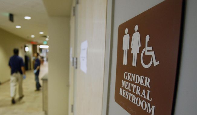 In this Aug. 23, 2007, file photo, a sign marks the entrance to a gender-neutral restroom at the University of Vermont in Burlington, Vt. (AP Photo/Toby Talbot, File)