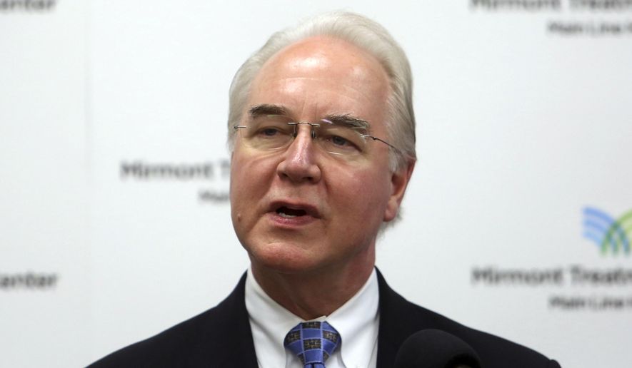 FILE - In this Sept. 15, 2017, photo, Health and Human Services Secretary Tom Price speaks at the Mirmont Treatment Center in Media, Pa. A spokeswoman says Price tries to fly commercial whenever possible. But Charmaine Yoest, Price’s assistant secretary for public affairs, says that “commercial travel is not always feasible.” She says Price is putting a priority on traveling outside Washington “to meet with the American people” on agency missions. (AP Photo/Jacqueline Larma, File)