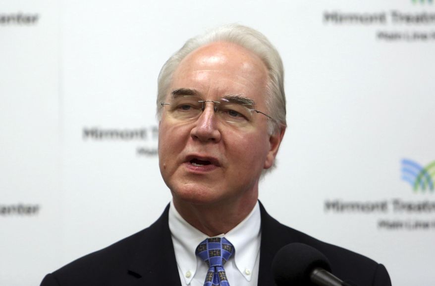 FILE - In this Sept. 15, 2017, photo, Health and Human Services Secretary Tom Price speaks at the Mirmont Treatment Center in Media, Pa. A spokeswoman says Price tries to fly commercial whenever possible. But Charmaine Yoest, Price’s assistant secretary for public affairs, says that “commercial travel is not always feasible.” She says Price is putting a priority on traveling outside Washington “to meet with the American people” on agency missions. (AP Photo/Jacqueline Larma, File)