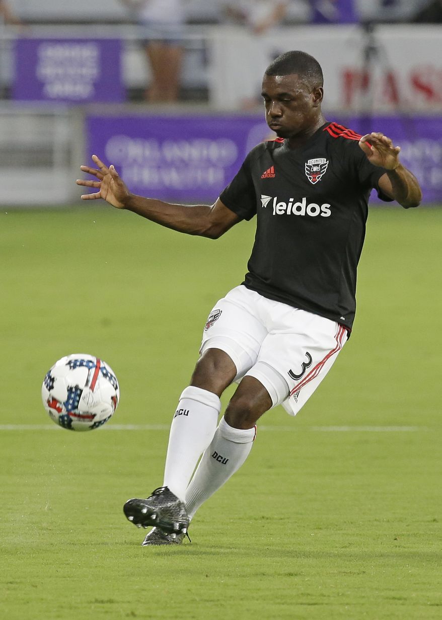 D.C. United&#x27;s Chris Odoi-Atsem (3) warms up before the first half of an MLS soccer game against Orlando City, Wednesday, May 31, 2017, in Orlando, Fla. (AP Photo/John Raoux) **FILE**

