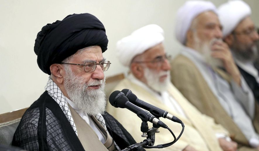 In this photo released by an official website of the office of the Iranian supreme leader, Supreme Leader Ayatollah Ali Khamenei speaks during a meeting with members of Iran&#39;s Experts Assembly in Tehran, Iran, Thursday, Sept. 21, 2017. Khamenei said Thursday that U.S. President Donald Trump&#39;s &amp;quot;cheap, ugly, foolish and unreal&amp;quot; remarks before the U.N. General Assembly earlier this week were a sign of desperation. (Office of the Iranian Supreme Leader via AP)