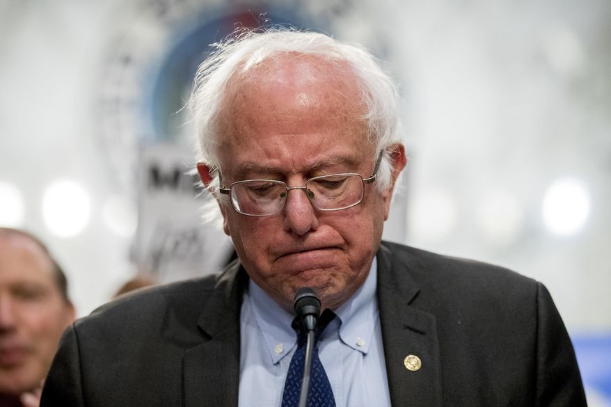 In this Sept. 13, 2017 photo, Sen. Bernie Sanders, I-Vt., pauses while speaking at a news conference on Capitol Hill in Washington.  Sanders is blasting President Donald Trump’s foreign policy but also criticizing how the United States has engaged in world affairs for generations. (AP Photo/Andrew Harnik)