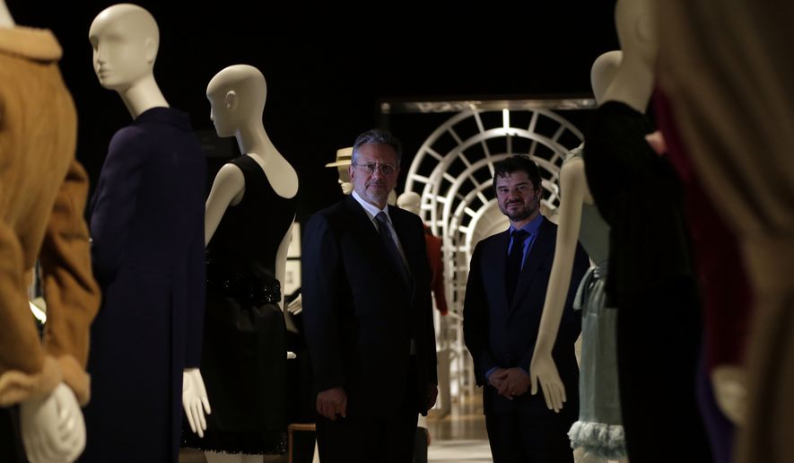 Luca Dotti right, and Sean Hepburn-Ferrer, sons of the iconic actress Audrey Hepburn, stand by some their mothers possessions at Christie&#39;s auction house in London, Friday, Sept. 22, 2017. Hepburn&#39;s sons Luca Dotti and Sean Hepburn-Ferrer are jointly selling some of their mothers personal possessions at auction on Sept. 27. (AP Photo/Alastair Grant)