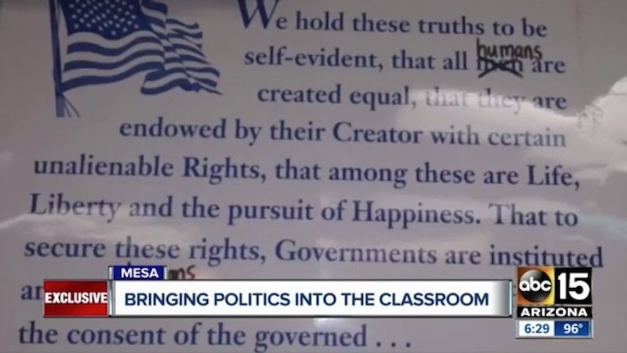 Mesa Public Schools in Arizona says one of its teachers broke school policy when she reportedly had her class recite an altered version of the Declaration of Independence. (ABC 15)