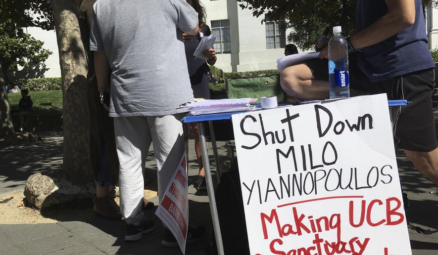 A group has put up flyers and a booth on Sproul Plaza calling for protesters to &quot;Shut Down Milo Yiannopoulos&quot; at the University of California, Berkeley campus in Berkeley, Calif.  (AP Photo/Jocelyn Gecker) ** FILE **