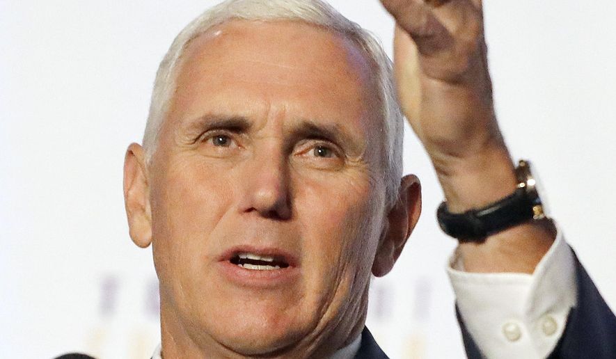 FILE - In this file photo taken on Friday, Aug. 11, 2017, Vice President Mike Pence speaks during the Indianapolis Ten Point Coalition luncheon in Indianapolis. Vice President Pence will make the Republican case for a federal tax code overhaul during a speech Friday, Sept. 22 in his home state of Indiana.(AP Photo/Darron Cummings, File)