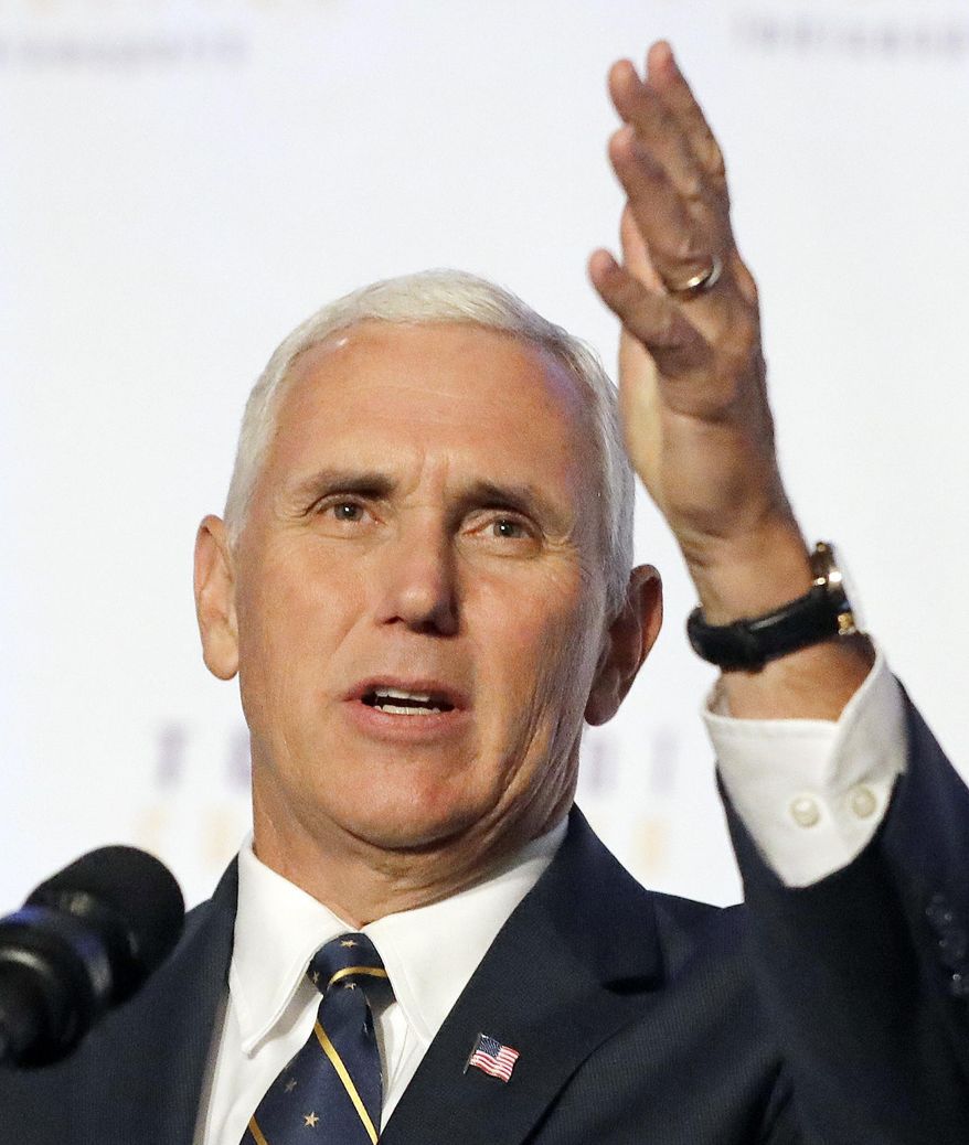 FILE - In this file photo taken on Friday, Aug. 11, 2017, Vice President Mike Pence speaks during the Indianapolis Ten Point Coalition luncheon in Indianapolis. Vice President Pence will make the Republican case for a federal tax code overhaul during a speech Friday, Sept. 22 in his home state of Indiana.(AP Photo/Darron Cummings, File)