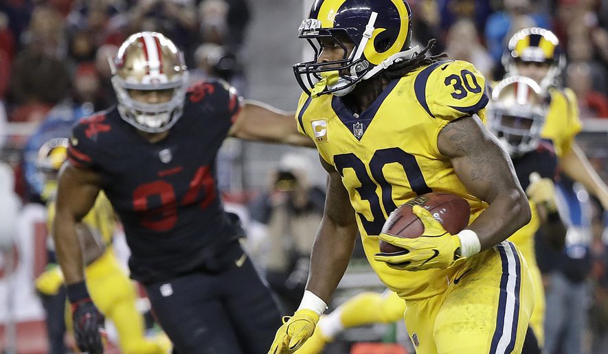 Los Angeles Rams running back Todd Gurley (30) runs against the San Francisco 49ers during the second half of an NFL football game in Santa Clara, Calif., Thursday, Sept. 21, 2017. (AP Photo/Marcio Jose Sanchez)