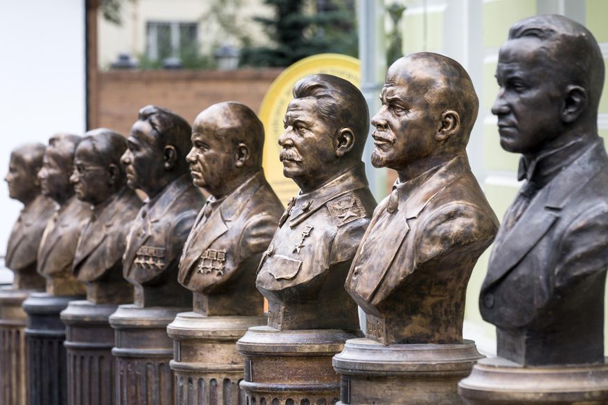 A series of busts of Russia&#39;s rulers, including Vladimir Lenin, second right, and Josef Stalin, third right, are on display in Moscow, Russia, Friday, Sept. 22, 2017. The Russian Military-Historic Society, an organization founded by President Vladimir Putin and led by his culture minister, unveiled the sculptures Friday to expand its &amp;quot;alley of rulers&amp;quot; at a Moscow park, which until now had featured busts of Russian monarchs. It described the new display as part of efforts to preserve Russian history. (AP Photo/Alexander Zemlianichenko)