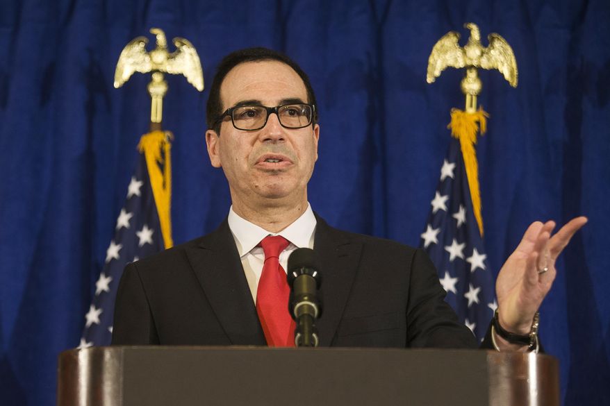 Treasury Secretary Steven Mnuchin speaks at a press briefing at the Hilton Midtown hotel during the United Nations General Assembly, in New York on Sept. 21, 2017. (Associated Press) **FILE**